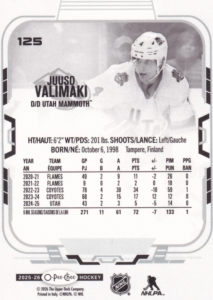 2025-26 UD O-Pee-Chee - Juuso Valimaki #125
