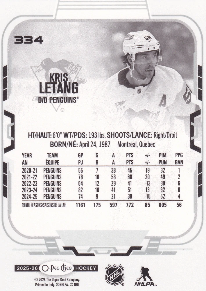 2025-26 UD O-Pee-Chee - Kris Letang #334