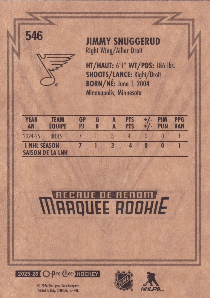 2025-26 UD O-Pee-Chee - Jimmy Snuggerud - Marquee Rookie - Retro #546