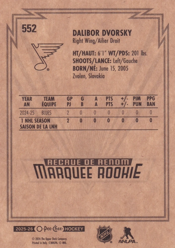 2025-26 UD O-Pee-Chee - Dalibor Dvorský - Marquee Rookie - Retro #552
