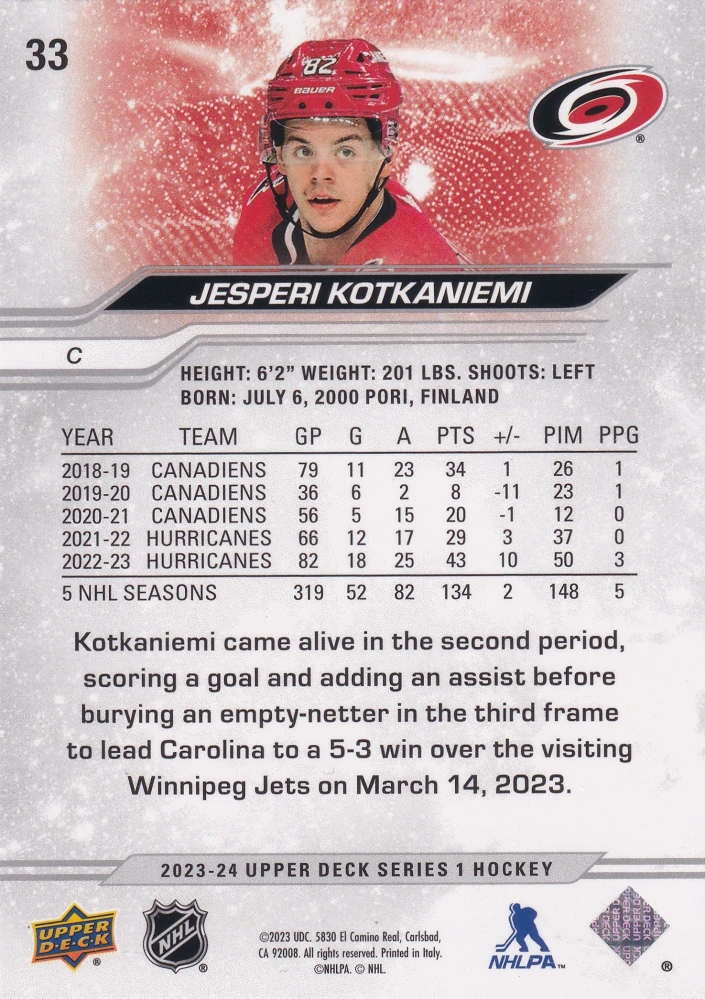 2023-24 UD Series 1 - Jesperi Kotkaniemi - Outburst Silver #33