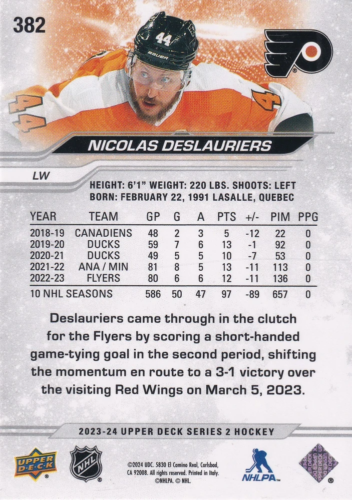 2023-24 UD Series 2 - Nicolas Deslauriers - Outburst #382