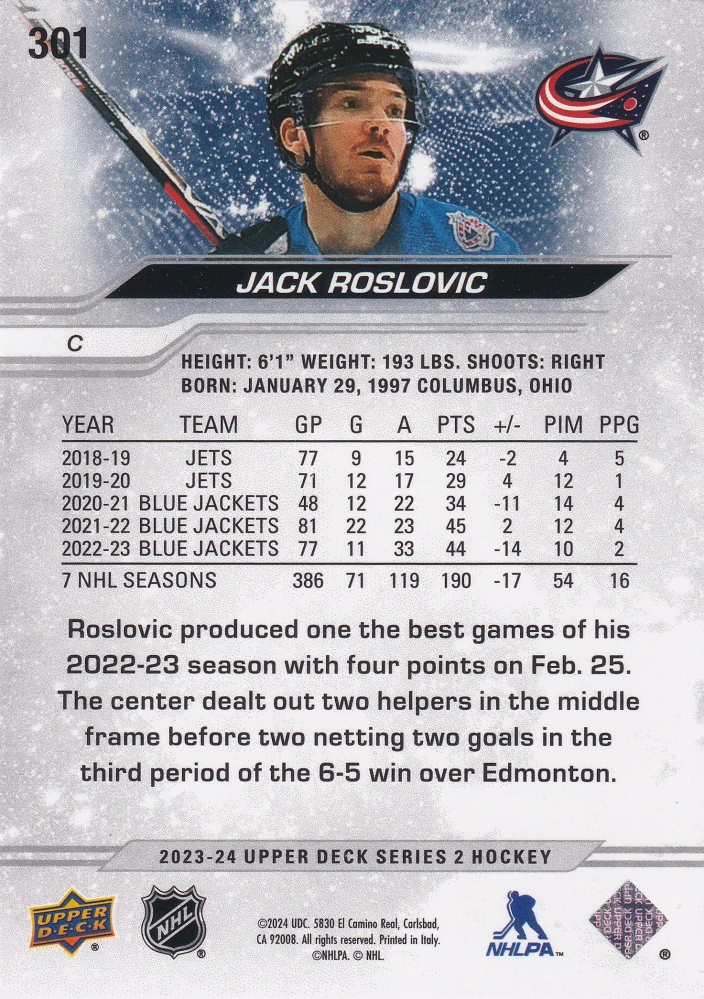 2023-24 UD Series 2 - Jack Roslovic - Outburst #301