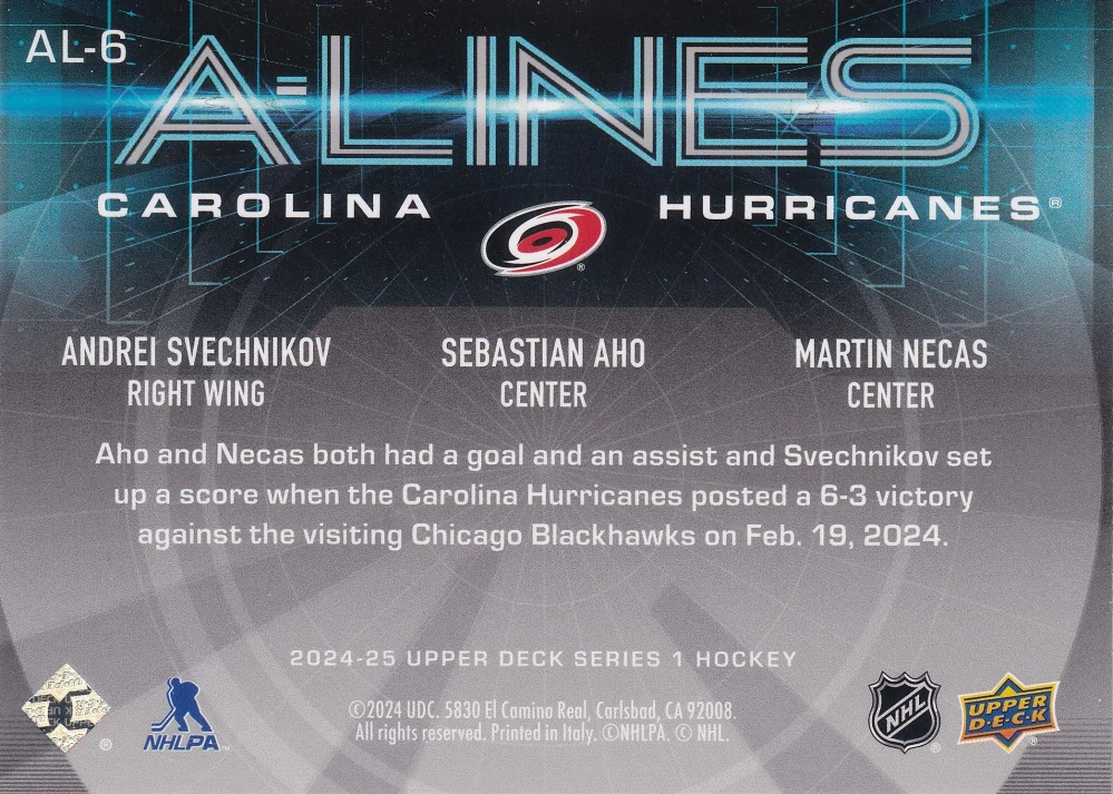 2024-25 UD Series 1 - Andrei Svechnikov, Sebastian Aho, Martin Nečas - A-Lines #AL-6