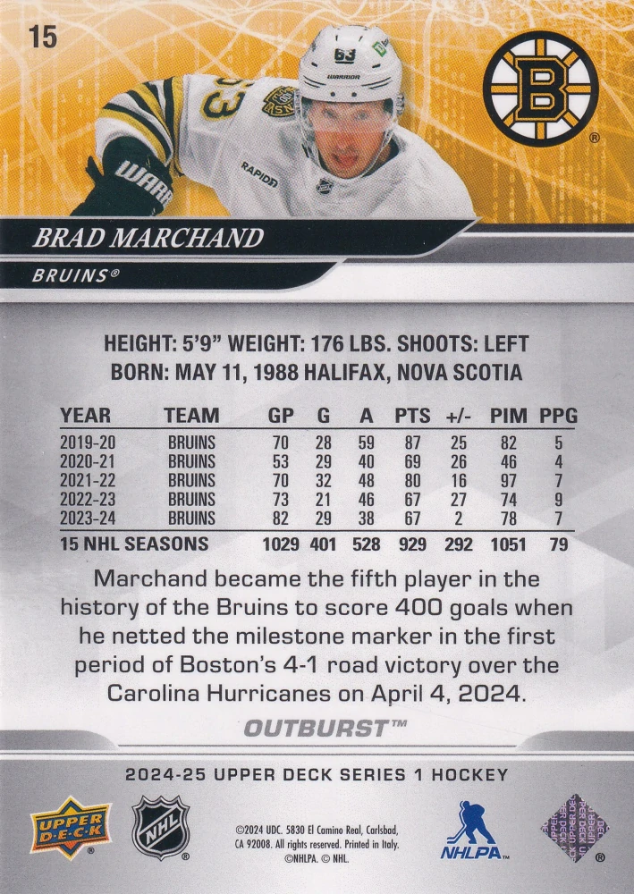 2024-25 UD Series 1 - Brad Marchand - Outburst #15