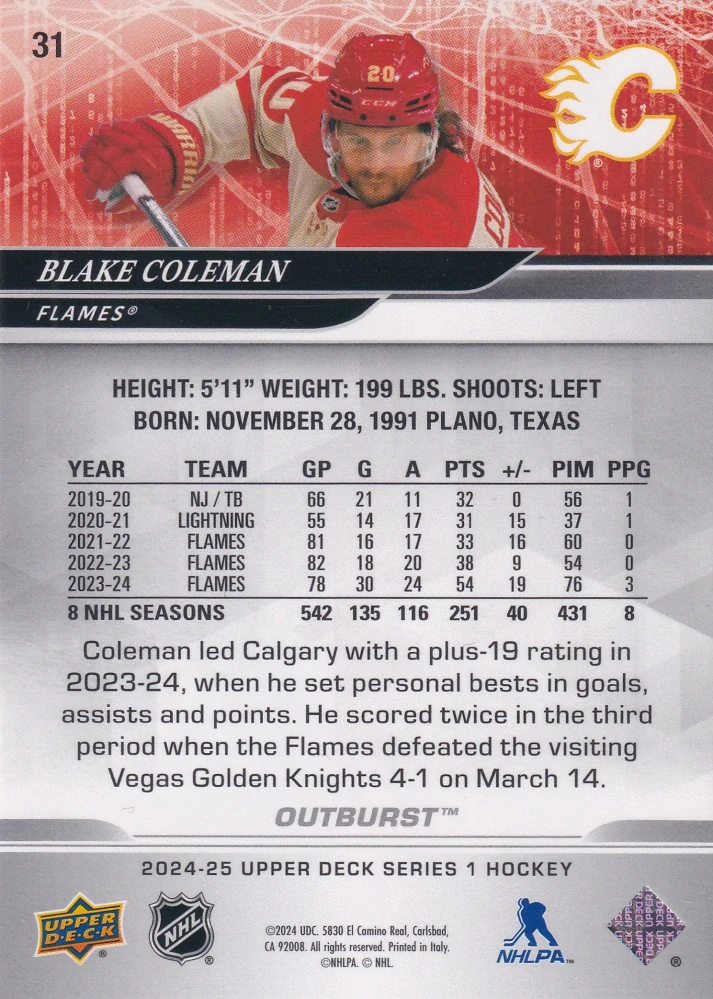2024-25 UD Series 1 - Blake Coleman - Outburst #31