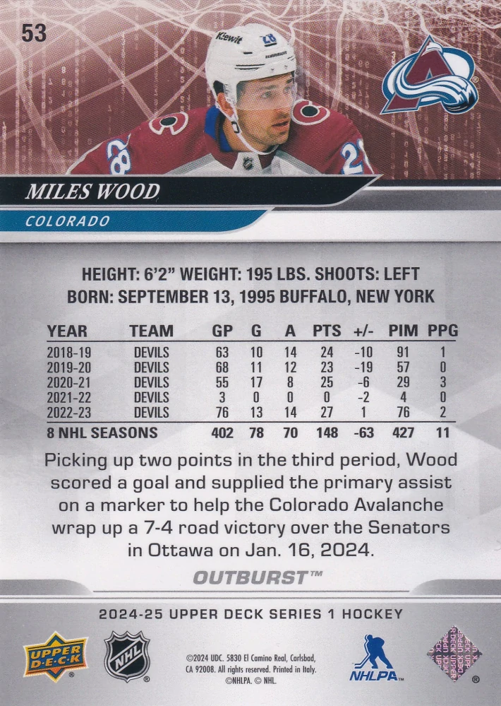 2024-25 UD Series 1 - Miles Wood - Outburst #53