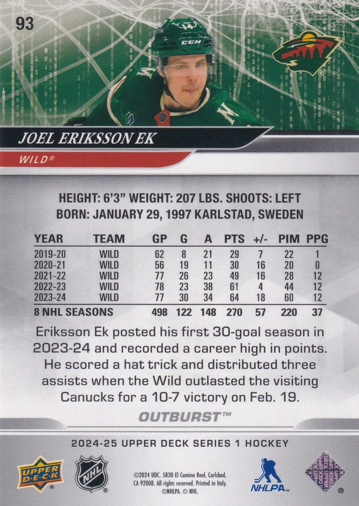 2024-25 UD Series 1 - Joel Eriksson Ek - Outburst #93