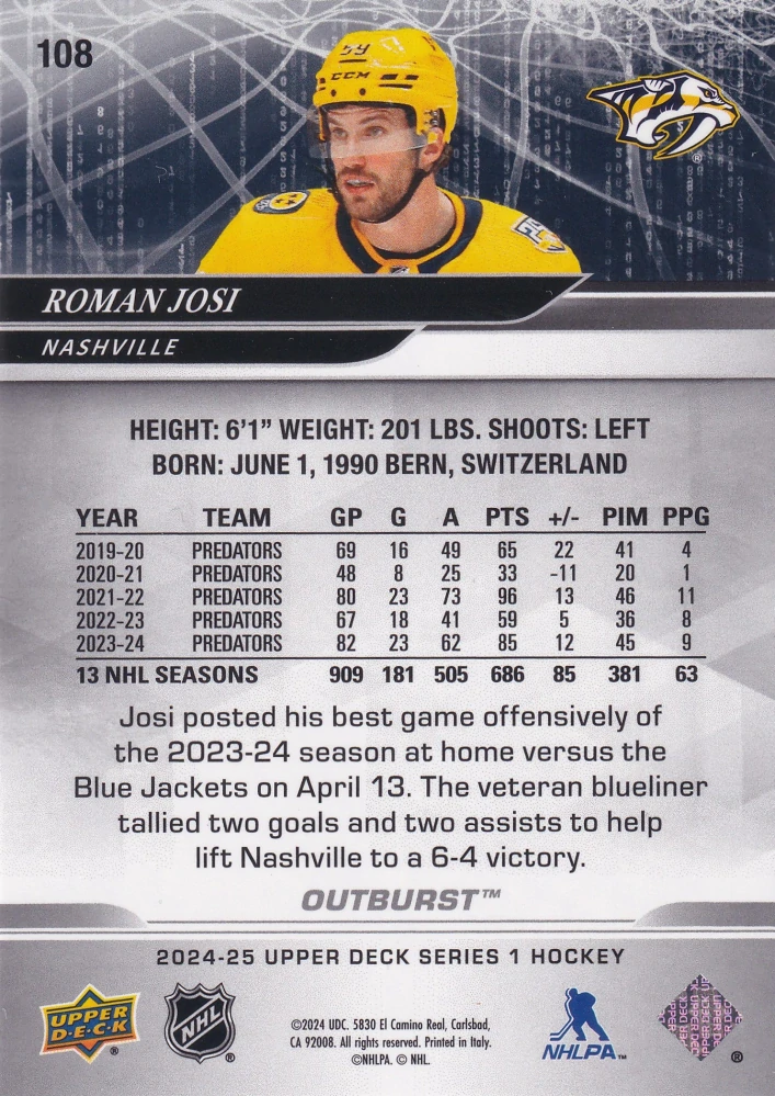 2024-25 UD Series 1 - Roman Josi - Outburst #108