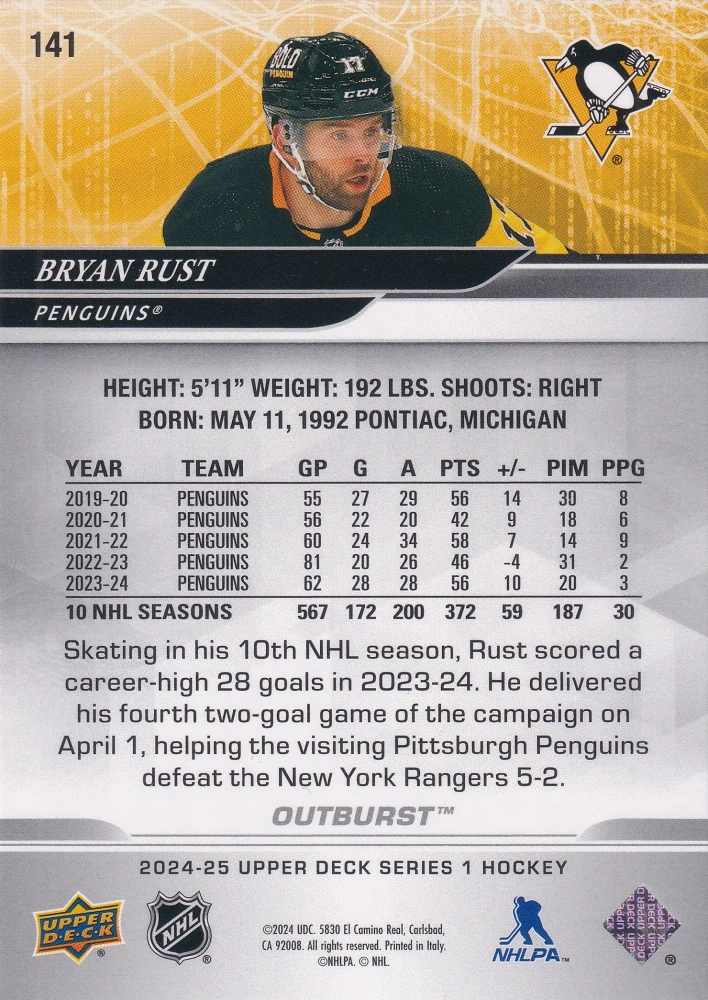 2024-25 UD Series 1 - Bryan Rust - Outburst #141