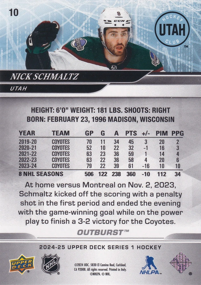 2024-25 UD Series 1 - Nick Schmaltz - Outburst #10