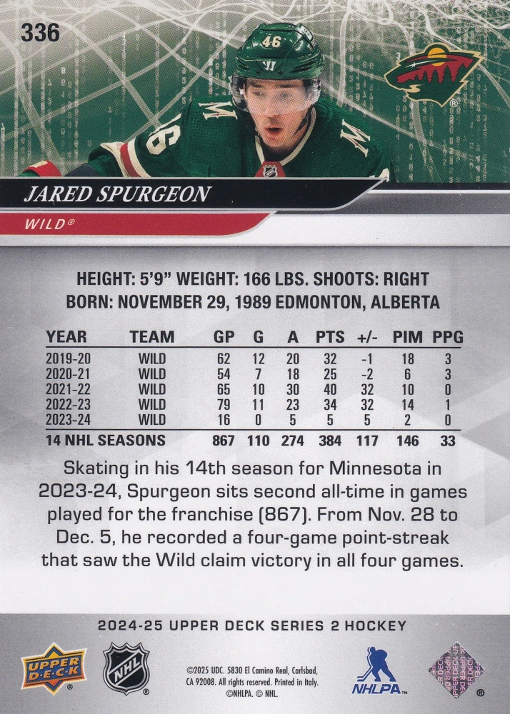 2024-25 UD Series 2 - Jared Spurgeon - Deluxe /250 #336
