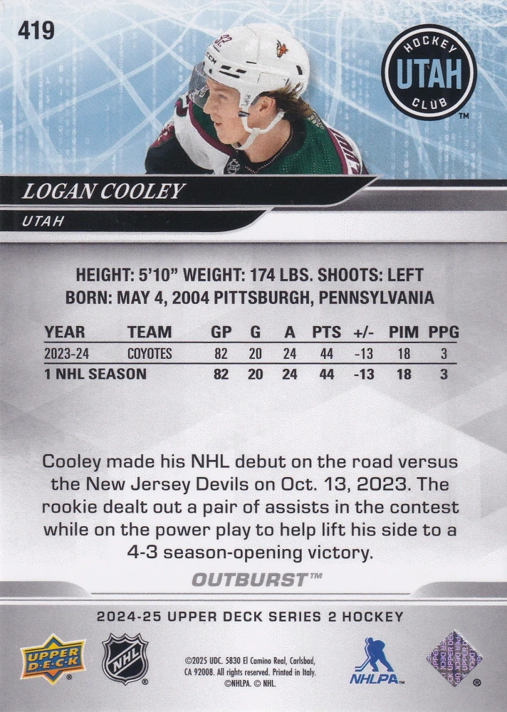 2024-25 UD Series 2 - Logan Cooley - Outburst #419