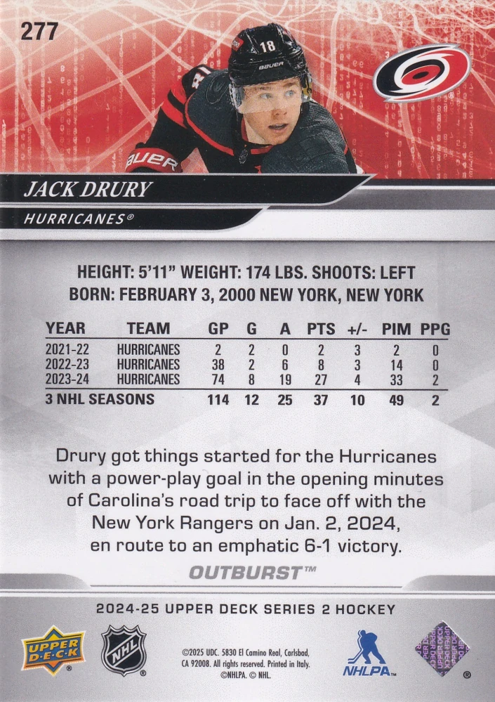 2024-25 UD Series 2 - Jack Drury - Outburst #277