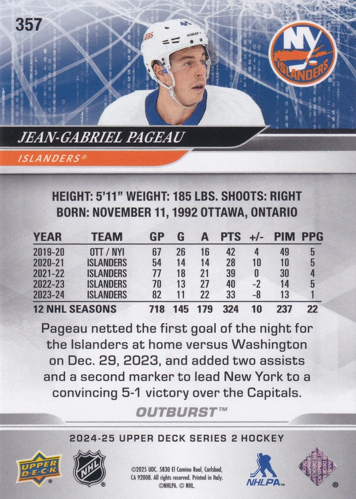 2024-25 UD Series 2 - Jean-Gabriel Pageau - Outburst #357