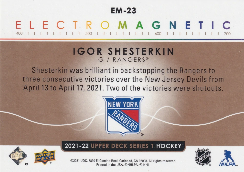 2021-22 UD Series 1 - Igor Shesterkin - Electromagnetic Gold #EM-23