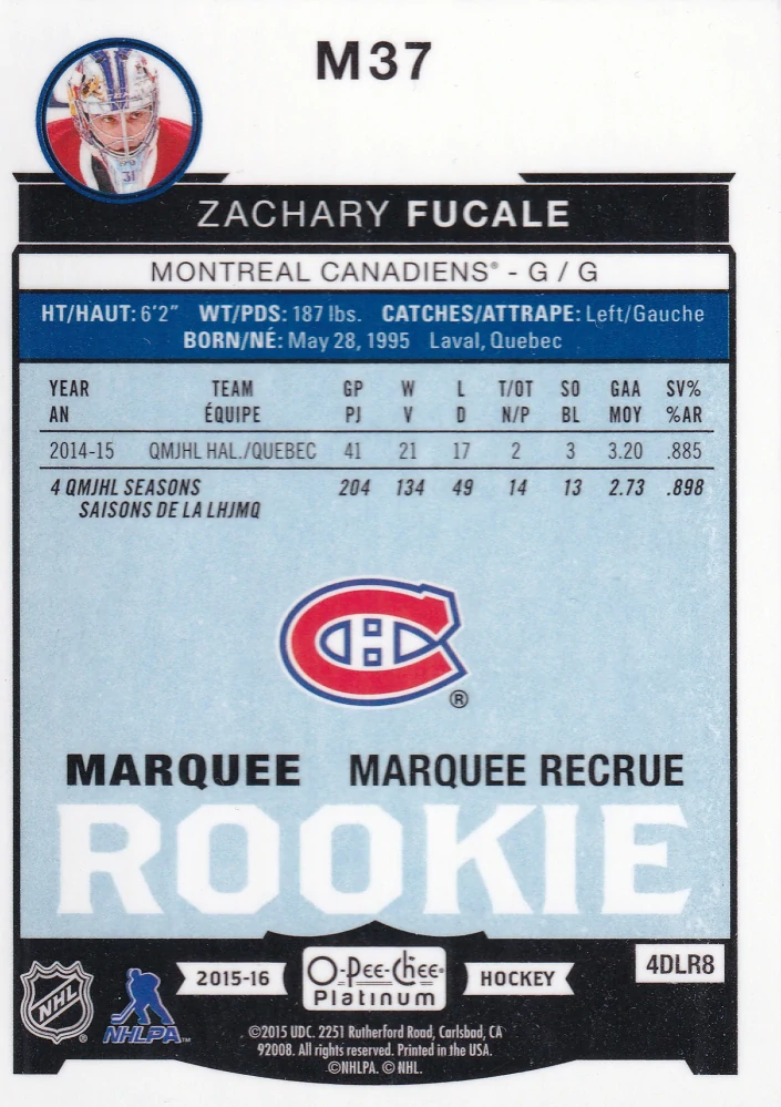 2015-16 UD O-Pee-Chee Platinum - Zachary Fucale - Marquee Rookie #M37