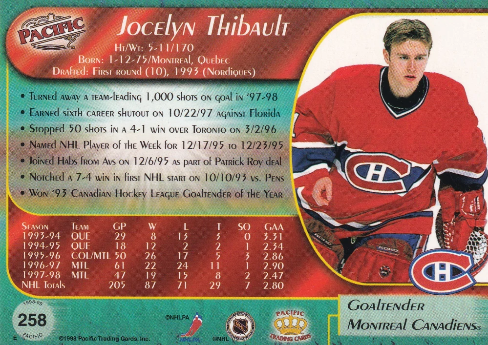 1998-99 Pacific - Jocelyn Thibault #258