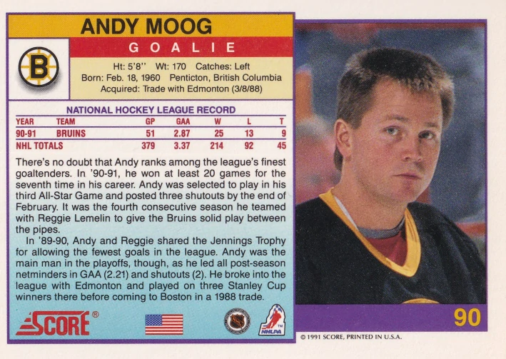 1991-92 Score - Andy Moog (American) #90