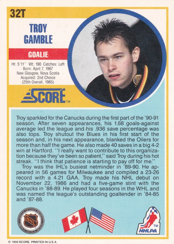 1990-91 Score Rookie & Traded - Troy Gamble #32T