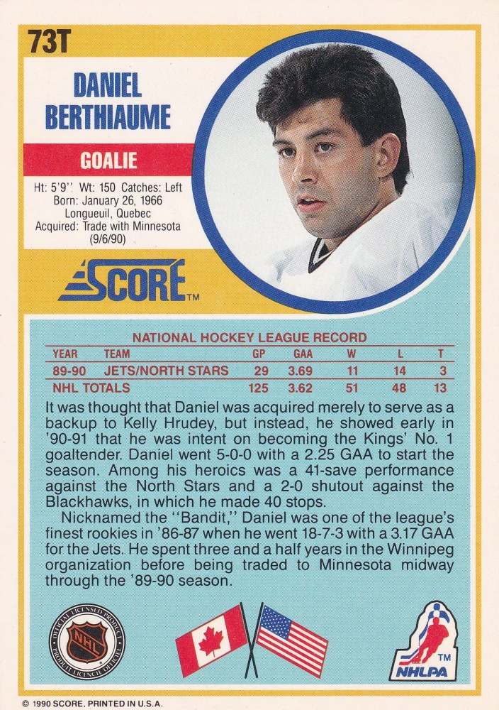 1990-91 Score Rookie & Traded - Daniel Berthiaume #73T