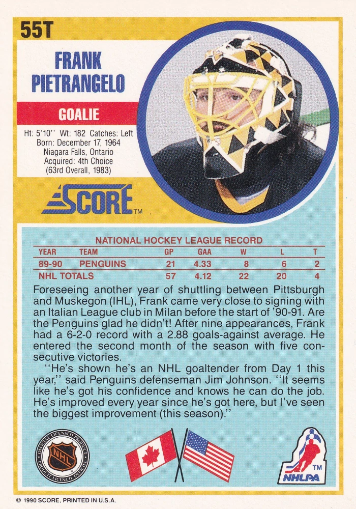 1990-91 Score Rookie & Traded - Frank Pietrangelo #55T