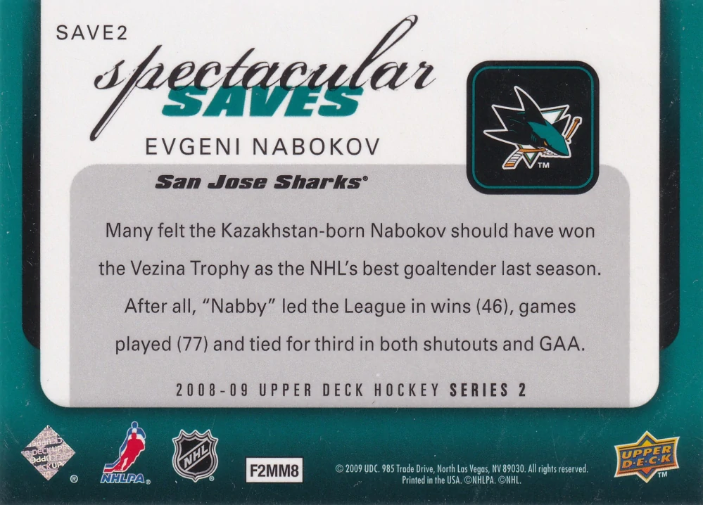 2008-09 UD Series 2 - Evgeni Nabokov - Spectacular Saves #SAVE2