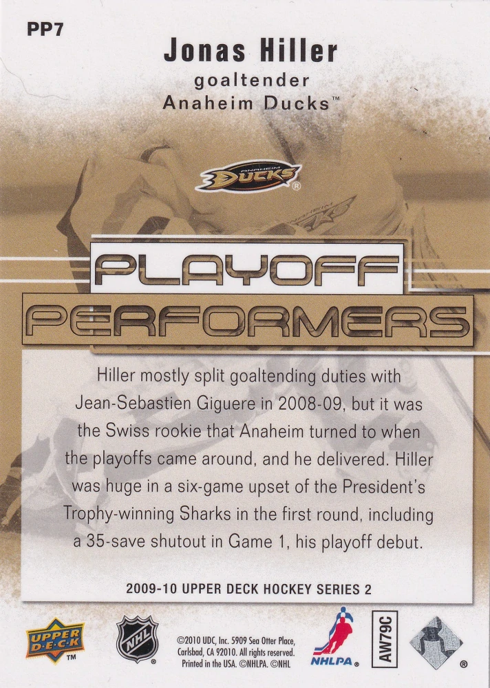 2009-10 UD Series 2 - Jonas Hiller - Playoff Performers #PP7
