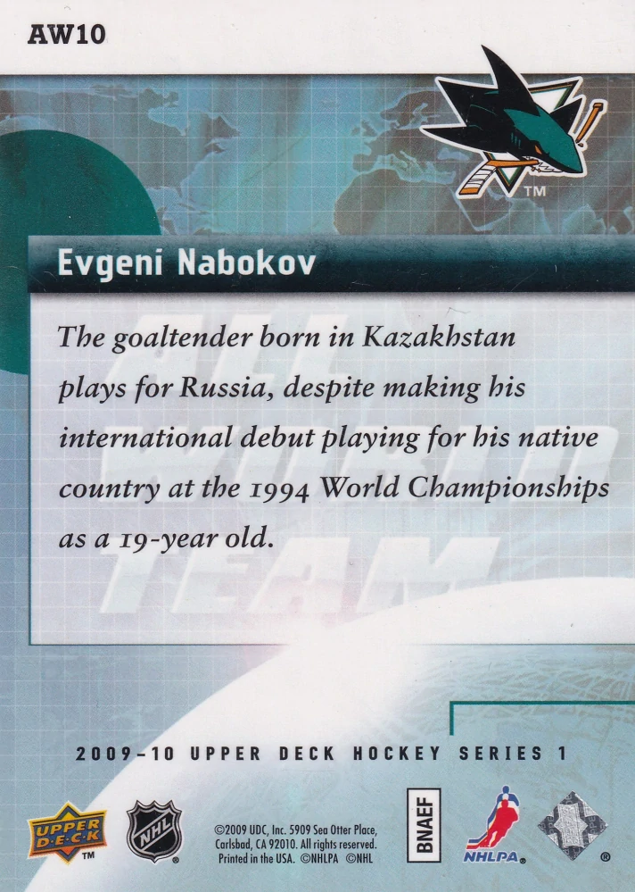 2009-10 UD Series 1 - Evgeni Nabokov - All World Team #AW10