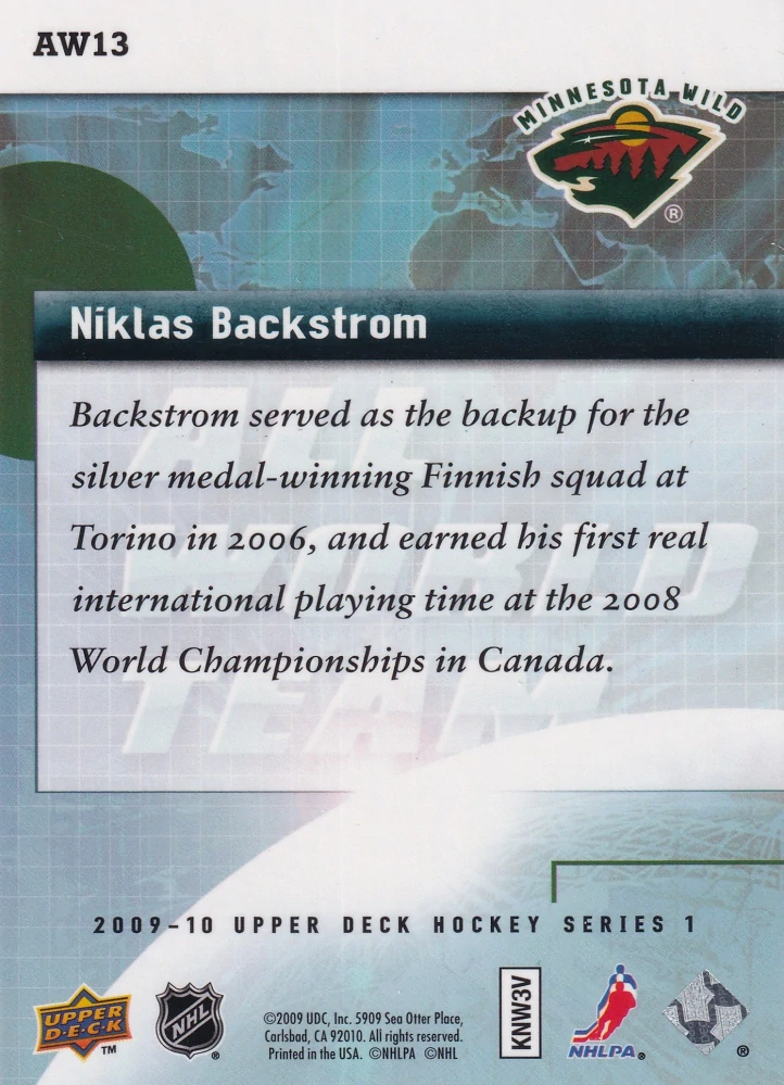 2009-10 UD Series 1 - Niklas Backstrom - All World Team #AW13