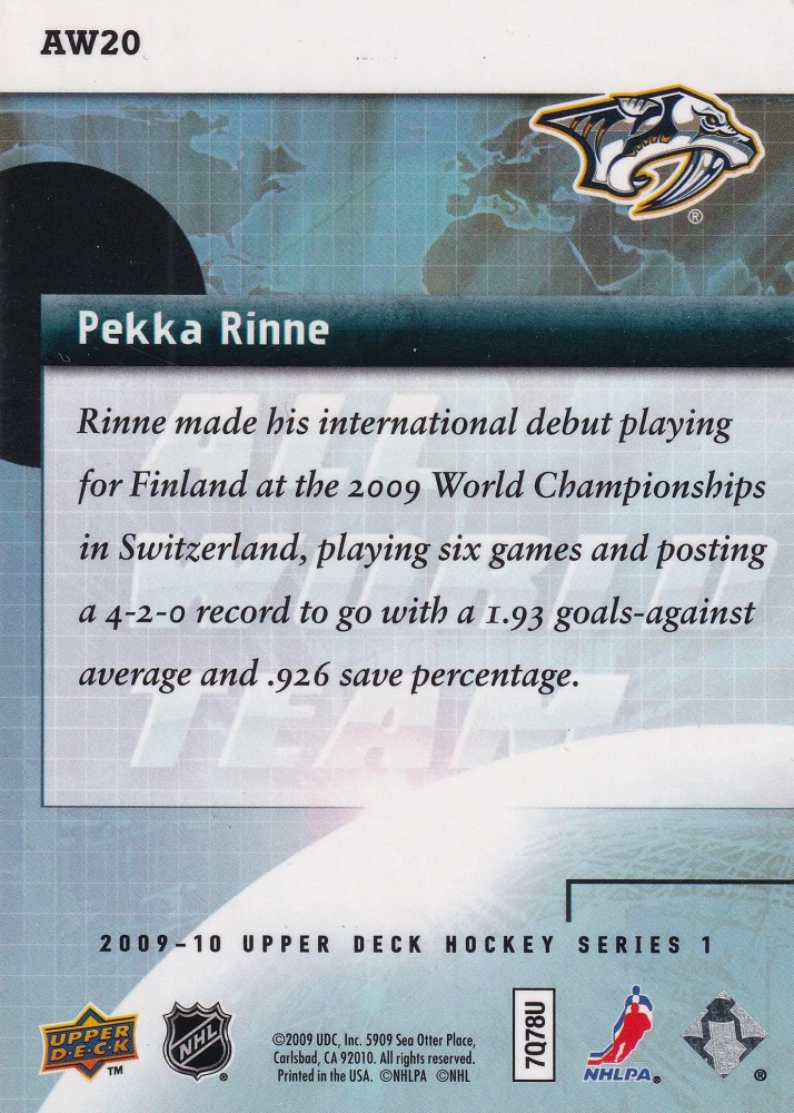 2009-10 UD Series 1 - Pekka Rinne - All World Team #AW20