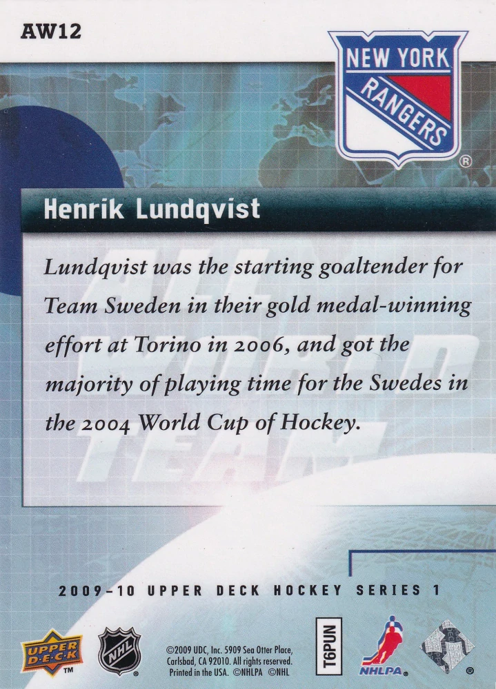 2009-10 UD Series 1 - Henrik Lundqvist - All World Team #AW12