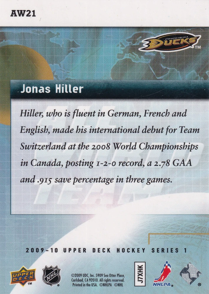 2009-10 UD Series 1 - Jonas Hiller - All World Team #AW21
