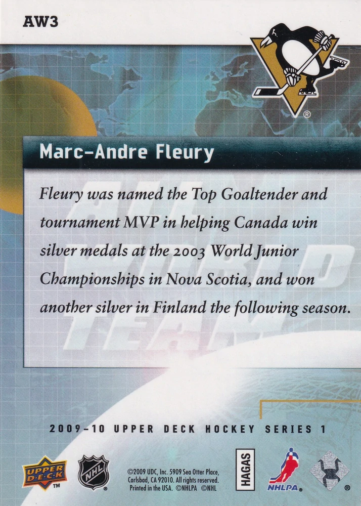 2009-10 UD Series 1 - Marc-Andre Fleury - All World Team #AW3