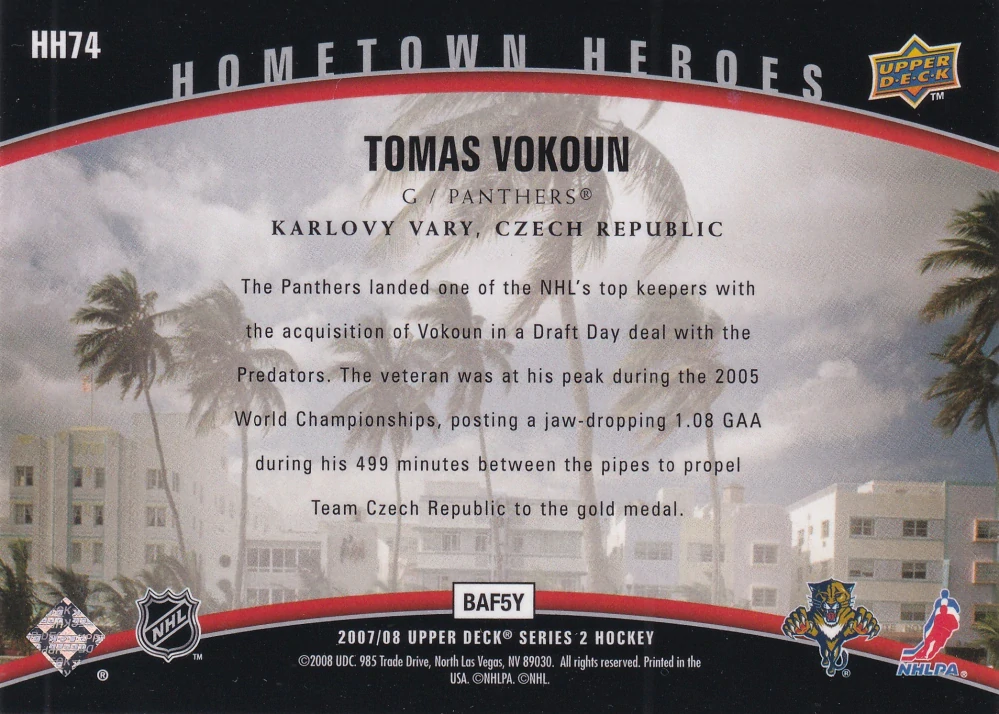 2007-08 UD Series 2 - Tomáš Vokoun - Hometown Heroes #HH74
