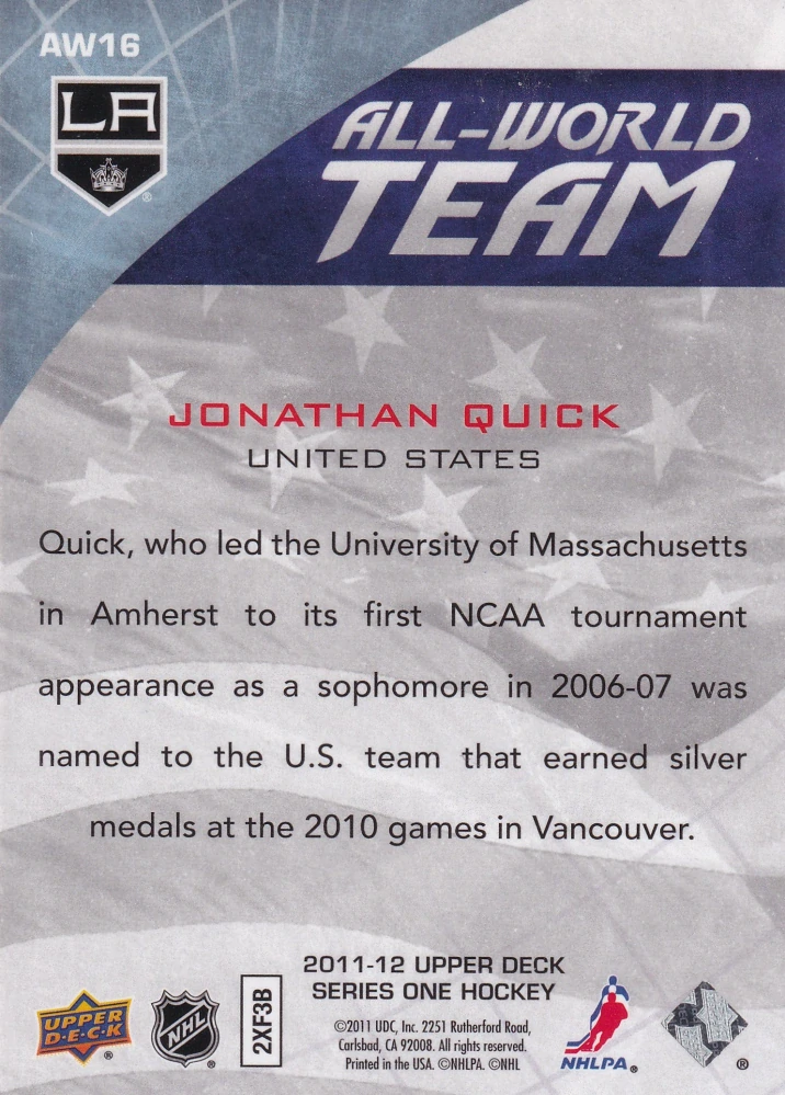 2011-12 UD Series 1 - Jonathan Quick - All-World Team #AW16