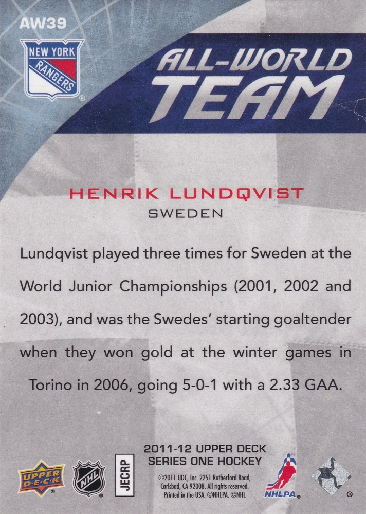 2011-12 UD Series 1 - Henrik Lundqvist - All-World Team #AW39
