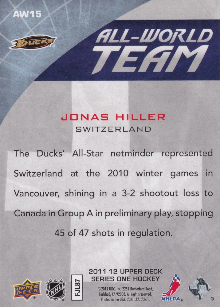 2011-12 UD Series 1 - Jonas Hiller - All-World Team #AW15