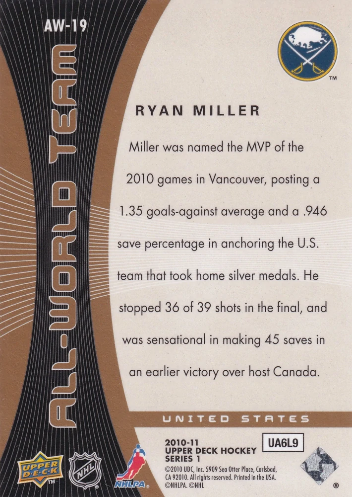 2010-11 UD Series 1 - Ryan Miller - All-World Team #AW-19