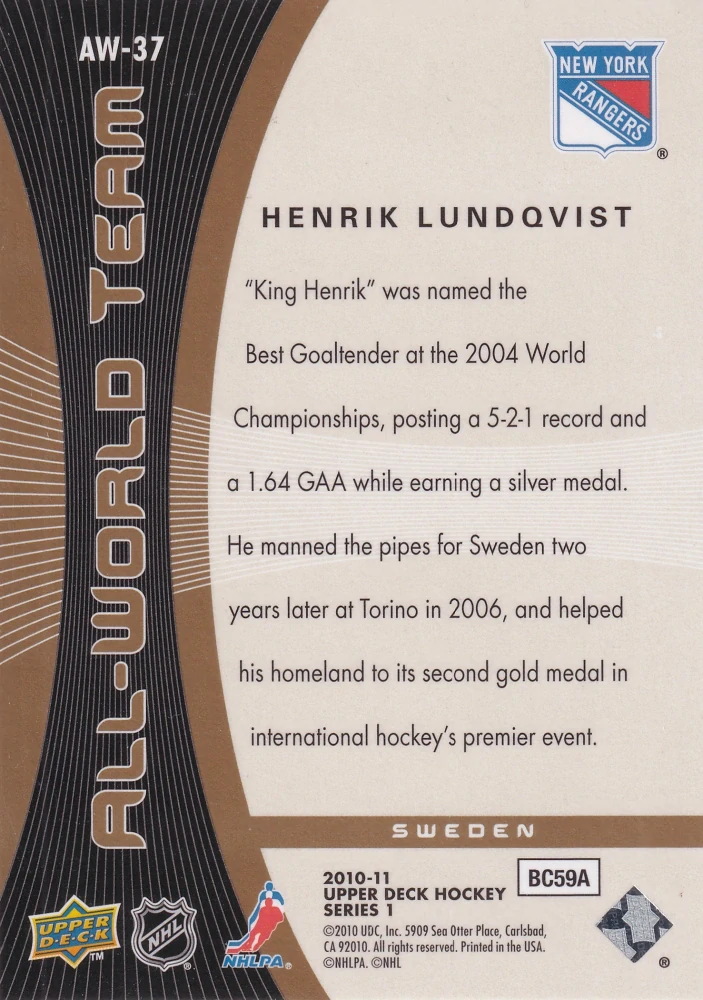 2010-11 UD Series 1 - Henrik Lundqvist - All-World Team #AW-37