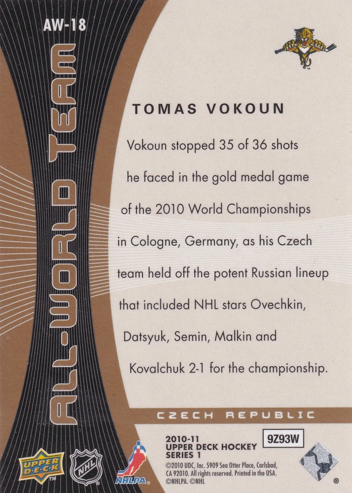 2010-11 UD Series 1 - Tomáš Vokoun - All-World Team #AW-18