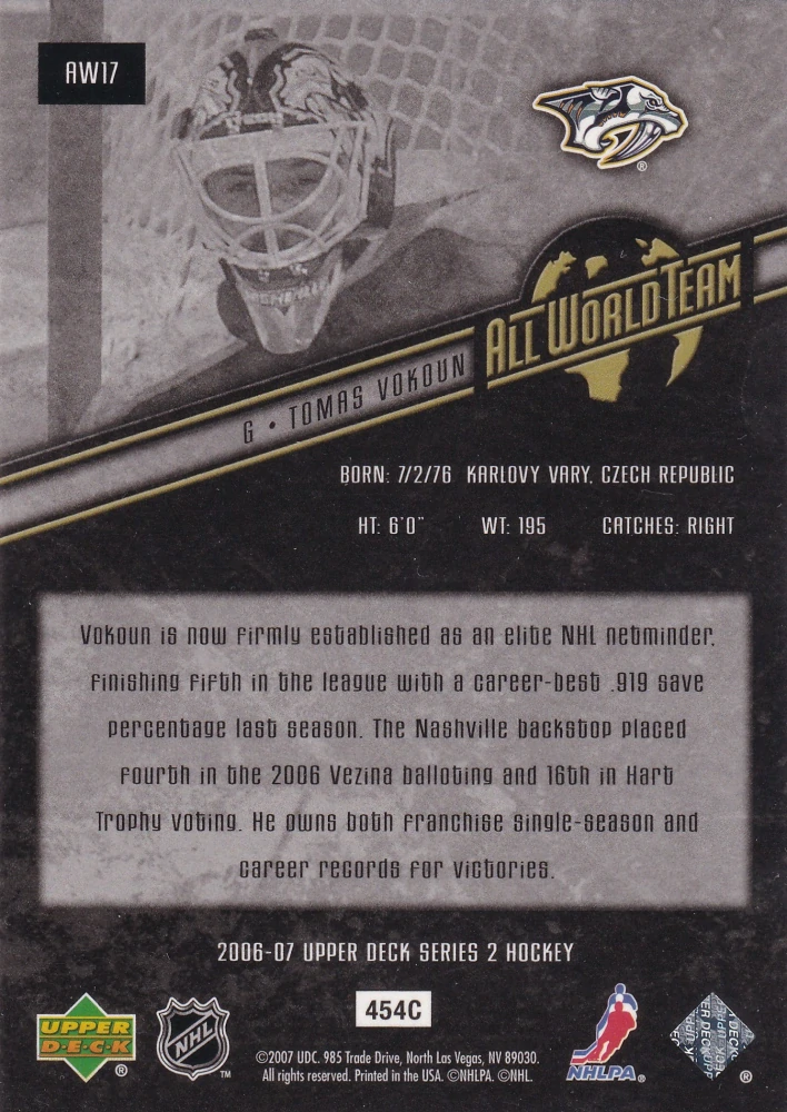 2006-07 UD Series 2 - Tomáš Vokoun - All World Team #AW17