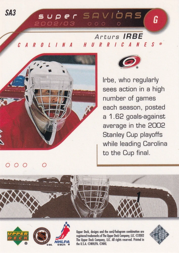 2002-03 UD Series 1 - Arturs Irbe - Super Saviors #SA3