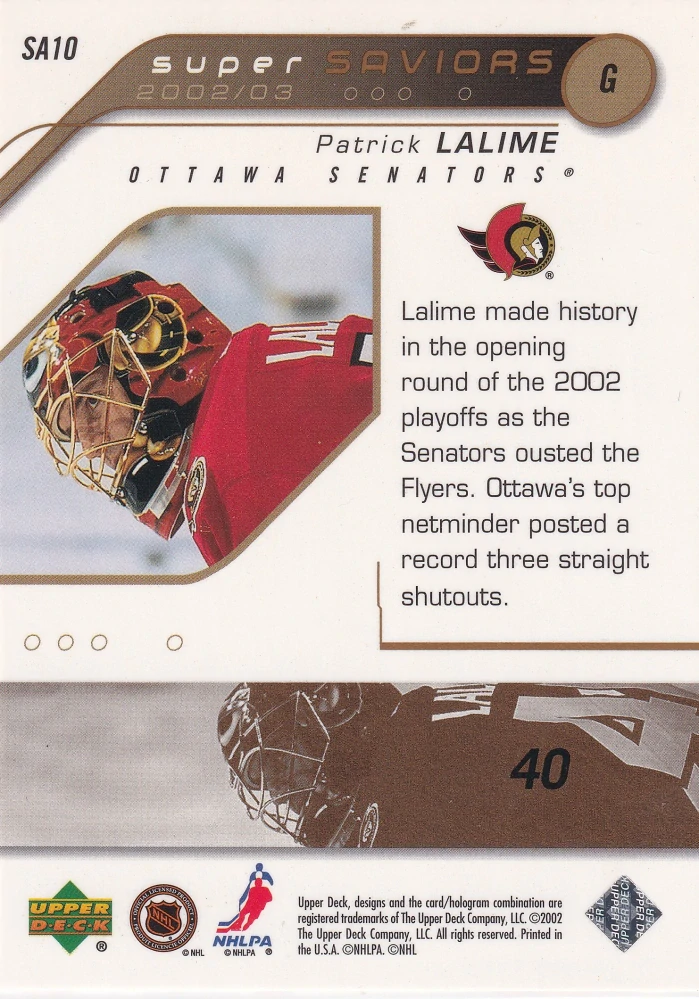 2002-03 UD Series 1 - Patrick Lalime - Super Saviors #SA10