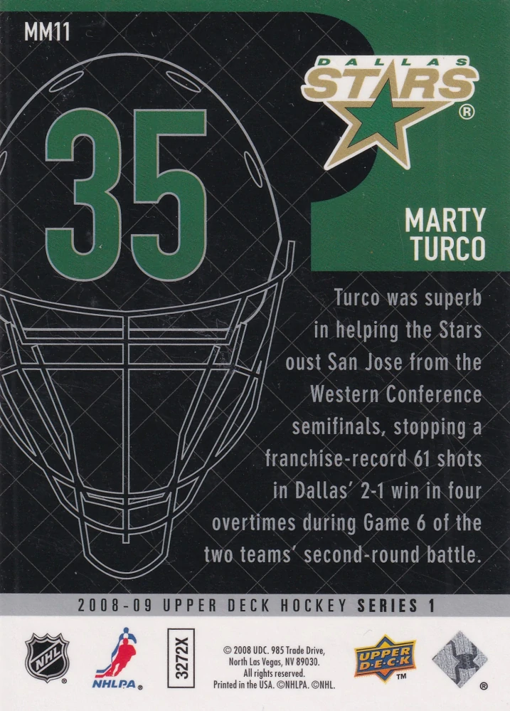 2008-09 UD Series 1 - Marty Turco - Masked Men #MM11