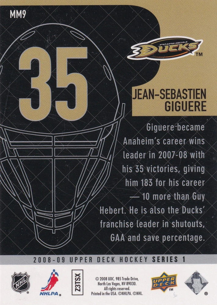 2008-09 UD Series 1 - Jean-Sebastien Giguere - Masked Men #MM9