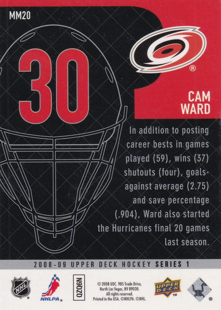 2008-09 UD Series 1 - Cam Ward - Masked Men #MM20
