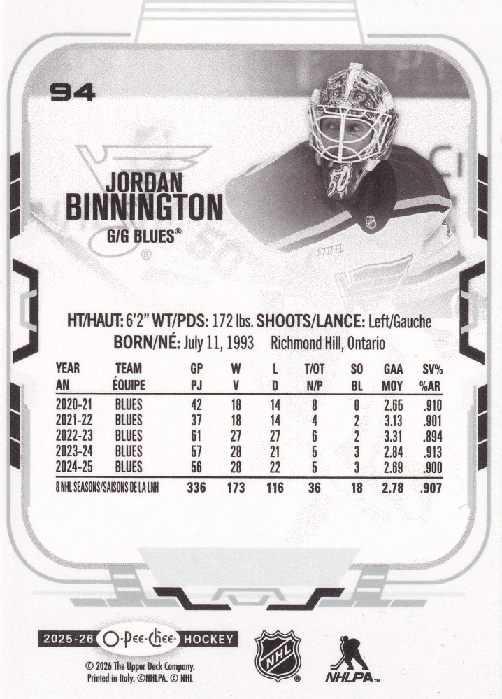2025-26 UD O-Pee-Chee - Jordan Binnington #94