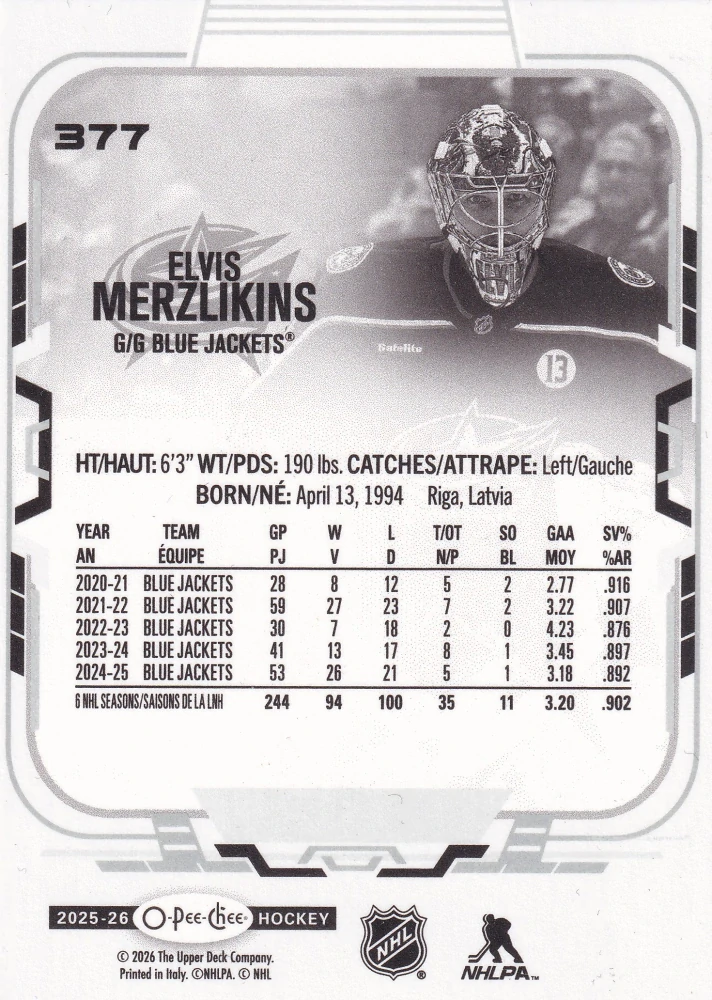 2025-26 UD O-Pee-Chee - Elvis Merzlikins #377