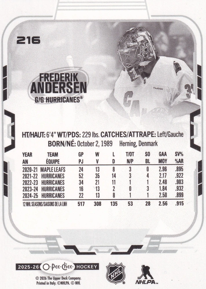 2025-26 UD O-Pee-Chee - Frederik Andersen #216